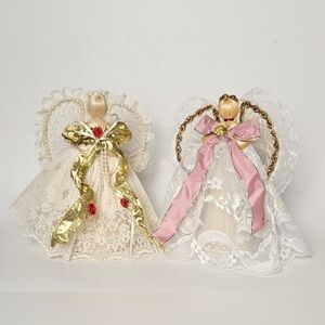 Vintage 1970s Handmade Lace Angels – Set of 2 Straw & Lace Ornaments 8" EUC